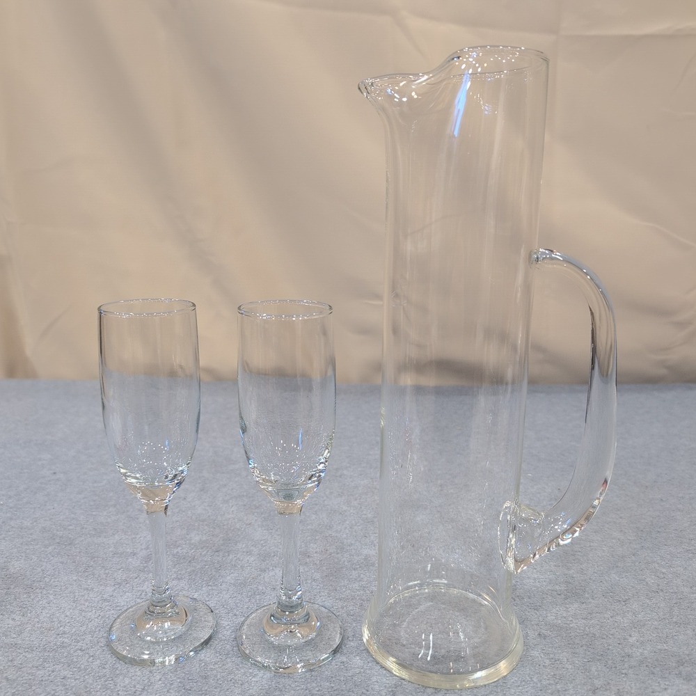 Wedding Clear‎ Glass Pitcher and Two Flute Glasses Toasting Set